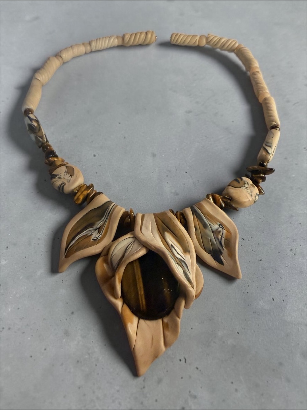 Hand crafted Neutral Marbled Flower Petal Statement Necklace